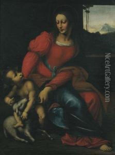 Madonna Con Bambino E Agnello, Un Paesaggio In Lontananza Oil Painting - Stefano Danedi