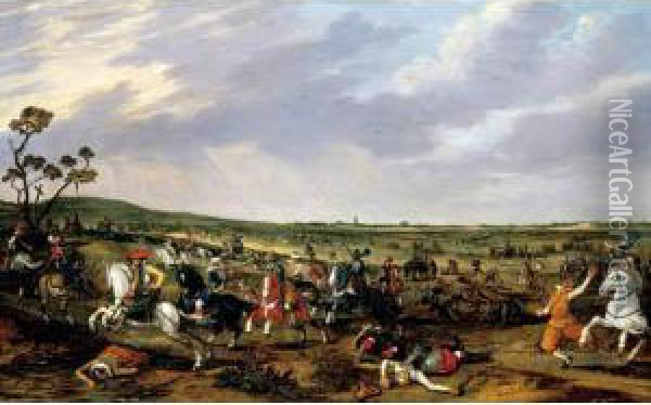A Battle Scene In An Open Landscape Oil Painting - Esaias Van De Velde