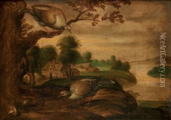 Poules Et Oiseau Dans Un Paysage; Poules Et Champignons Dans Un Paysage (pair) Oil Painting - Christiaan Luycks