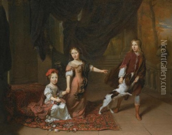 A Portrait Of Two Sisters And Their Brother Playing With A Dog Oil Painting - Jan Verkolje the Elder