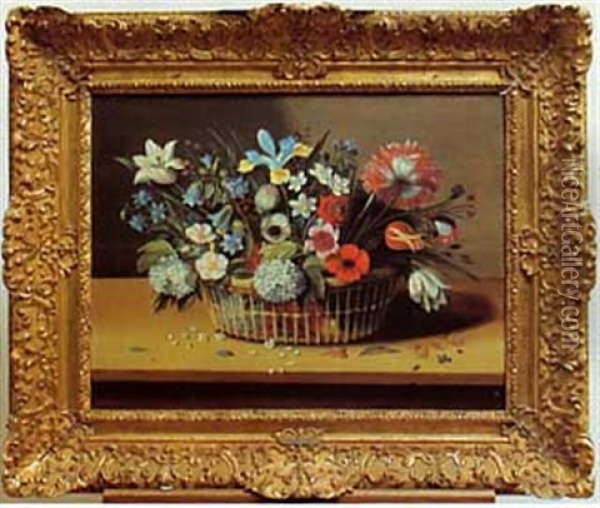 Bouquet De Fleurs Dans Un Panier Pose Sur Un Entablement Oil Painting - Jacques Linard