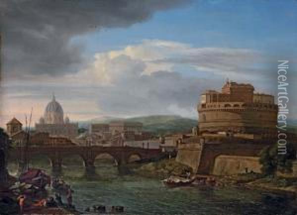 A View Of The Tiber, Rome, With The Castel Sant'angelo And St. Peter's Beyond Oil Painting - Isaac de Moucheron