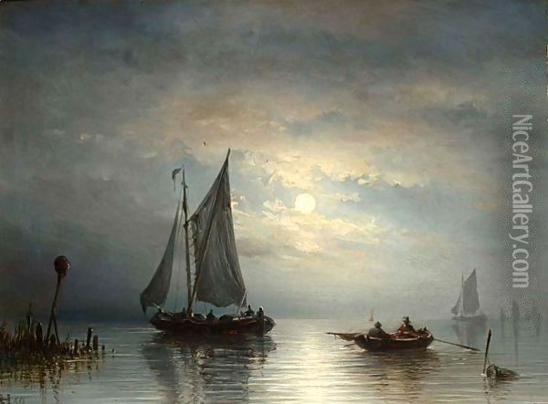 A Moonlit Coastal Landscape With Boats Oil Painting - Johannes Hilverdink