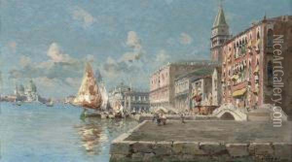 Fishing Vessels Moored At The Molo, Venice Oil Painting - Ferdinando Silvani