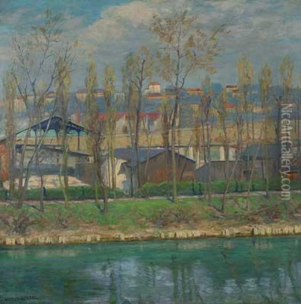 Flusslauf Im Vorfruhling Mit Industriehallen Vor Der Stadt Oil Painting - Wilhelm Lefebre