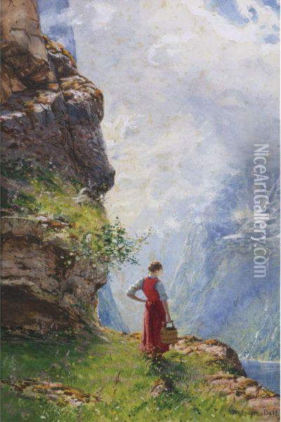 A Young Girl By A Fjord Oil Painting - Hans Dahl
