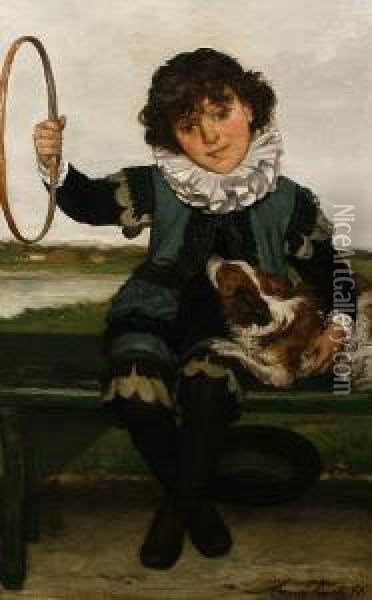Portrait Of A Boy With A Cavalier King Charlesspaniel And Hoop Oil Painting - Frans Vinck