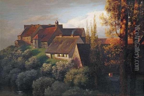 Mountain Village At Evening Light. Oil Painting - Paul-Wilhelm Keller-Reutlingen