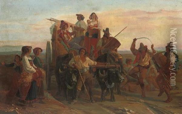 The Arrival Of The Harvesters In The Pontine Marshes Oil Painting - Louis Robert Antral
