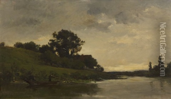 Pecheur En Barque Dans Un Paysage Oil Painting - Karl Pierre Daubigny