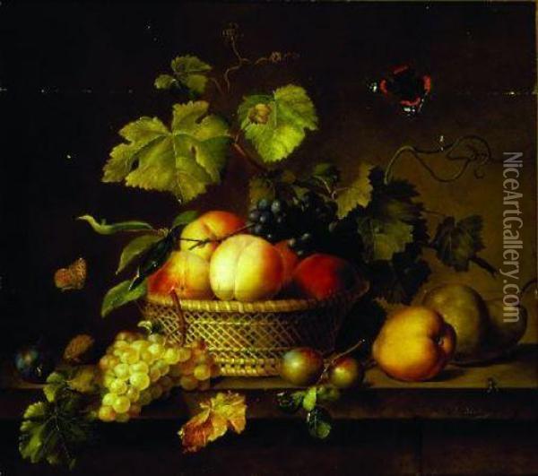 Still Life With Grapes, Peaches, Pear And Plums With Insects On Amarble Ledge Oil Painting - Johann Wilhelm Preyer