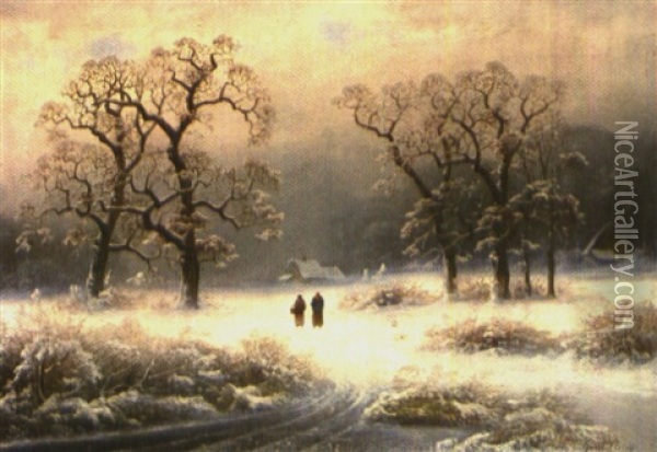 Zwei Frauen Auf Dem Weg In Verschneiter Winterlicher Landschaft Oil Painting - Johann Gustav Lange