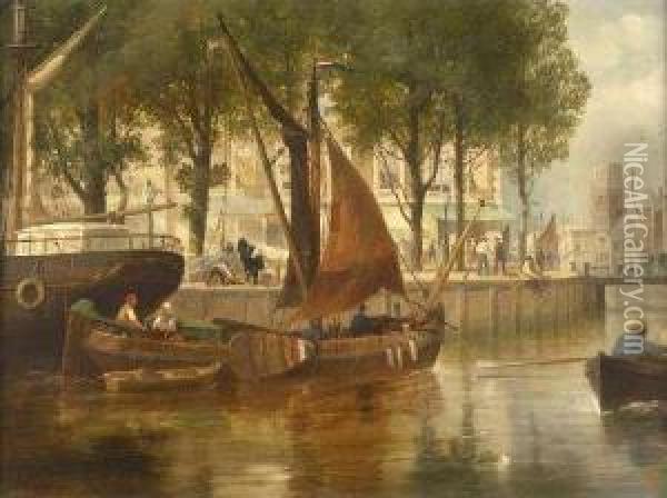 A Busy Canal Scene, Rotterdam Oil Painting - Richard Beavis