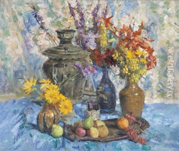 Stilleben Mit Samowar, Vasen, Blumen Und Fruchten Oil Painting - Rudolf Hesse