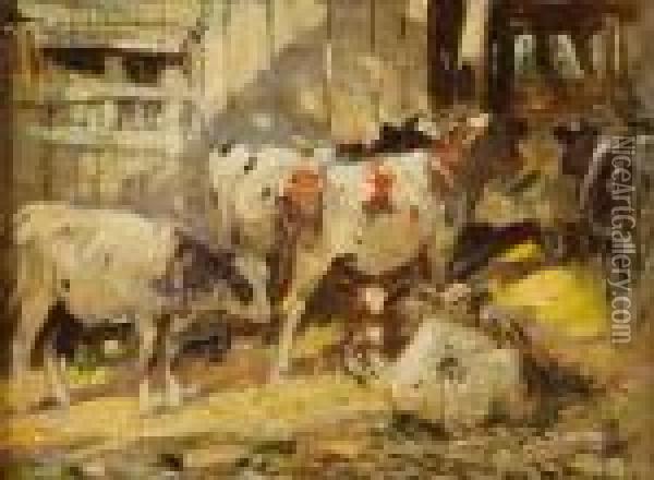 Calves In A Sunny Byre Oil Painting - George Smith