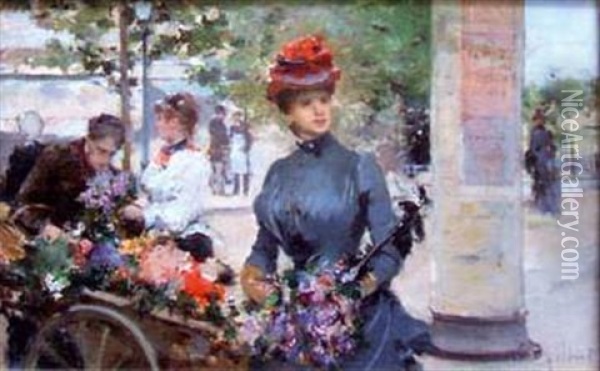 Elegante Au Marche Aux Fleurs Oil Painting - Victor Gabriel Gilbert