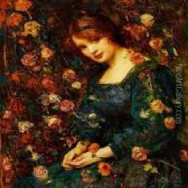 Woman In Agreen Dress Amongst Growing Roses Oil Painting - Thomas E. Mostyn