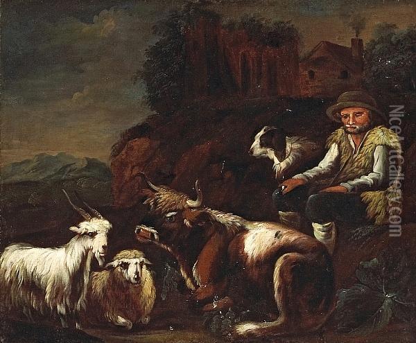 A Shepherd Resting With Farm Animals In Alandscape Oil Painting - Jakob Roos