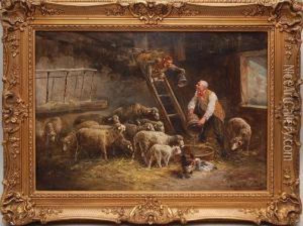 Monkey
And Sheep In Stable Oil Painting - Jan David Col
