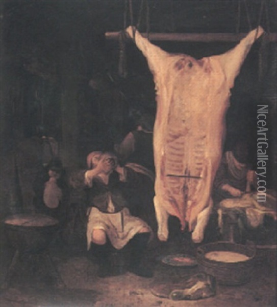 An Interior With Figures Beside A Hung Carcass Oil Painting - Egbert Lievensz van der Poel
