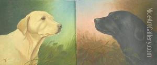 Pair Of Portraits Of Labradordogs Oil Painting - T.J. Pairpont