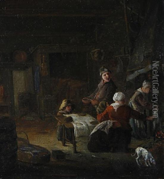 A Peasant Family In A Kitchen Interior Oil Painting - Cornelis Beelt