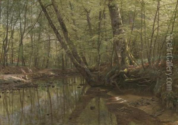 Forest Landscape With River Oil Painting - Peder Mork Monsted