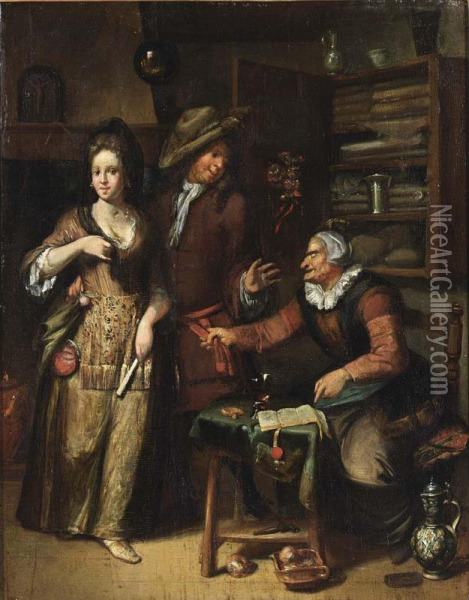 An Elegant Couple In An Interior With A Spinster At A Table Pointing At A Contract Oil Painting - Hendrik De Valk