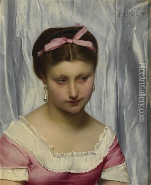 The Pink Ribbon Oil Painting - Adolphe Alexandre Lesrel