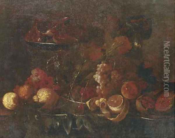 Grapes, lemons, pomegranates, an orange and other fruit on pewter platters Oil Painting - Cornelis De Heem