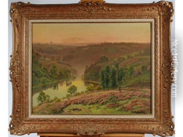 Paysage Aux Bruyeres Avec Moutons Pres De La Riviere Dans La Creuse Oil Painting - Gaston Anglade