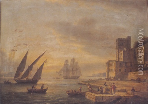 Mediterranean Harbour Scene At Sunset Oil Painting - Thomas Luny