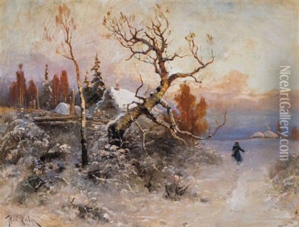 Romantische Winterlandschaft Mit Wanderer Oil Painting - Yuliy Yulevich (Julius) Klever