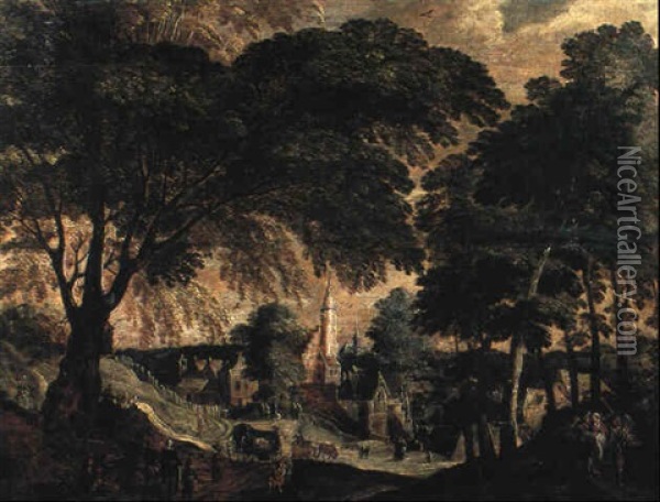 A Wooded Landscape With Peasants On A Track Oil Painting - Abraham Govaerts