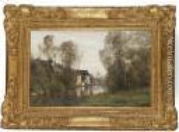 Voisinlieu Pres Beauvais - Maisons Au Bord De L'eau Avec Un Arbre Penche Oil Painting - Jean-Baptiste-Camille Corot