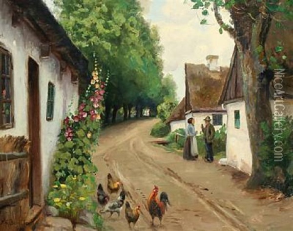 Village Scene With Conversation And A Flock Of Chicken Oil Painting - Hans Andersen Brendekilde