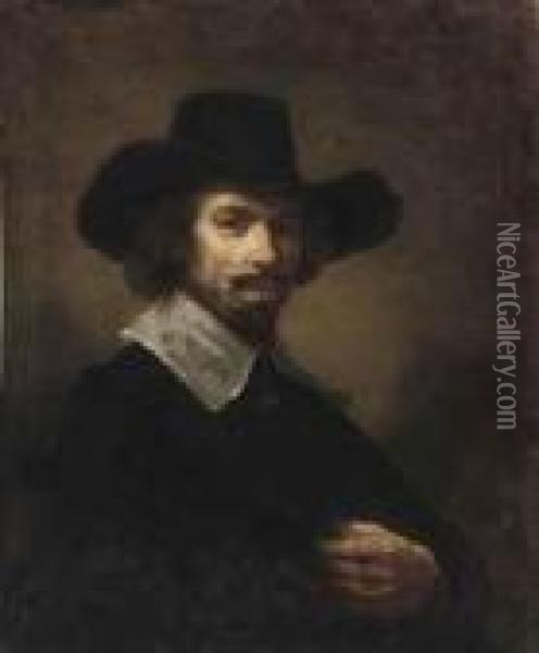 Portrait Of The Painter Hendrick
 Martensz. Sorgh., Half-length, Ina Black Cloak With White Collar And 
Black Hat Oil Painting - Rembrandt Van Rijn