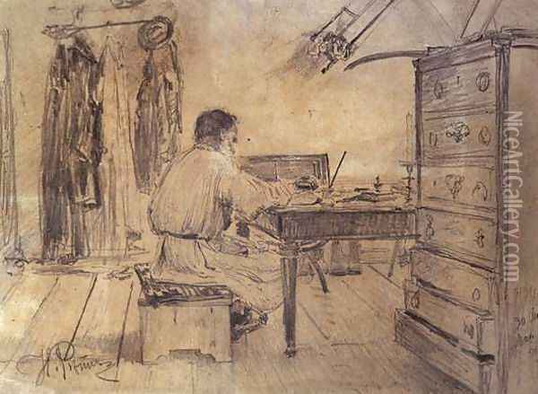 Lev Tolstoy (1818-1910) in his Study, 1891 Oil Painting - Ilya Efimovich Efimovich Repin