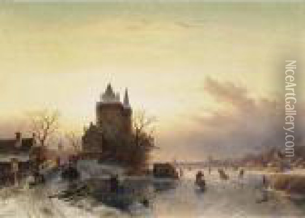 A Winter Landscape With Skaters On A Frozen River Oil Painting - Charles Henri Leickert