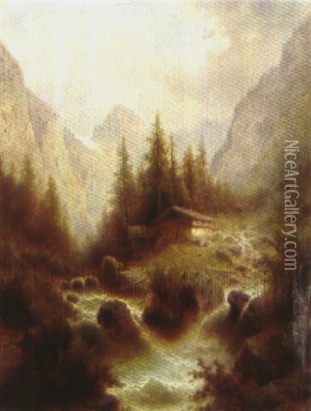 Schweizer Gebirgslandschaft Mit Wasserfall Oil Painting - Albert Rieger