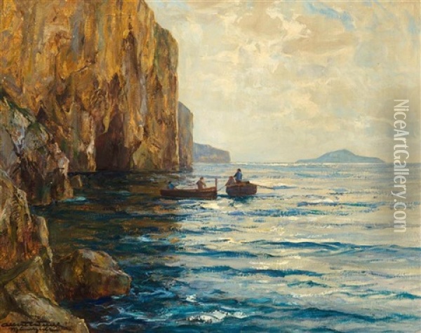 Felsenkuste Bei Capri Mit Ruderbooten Oil Painting - Albert Wenk