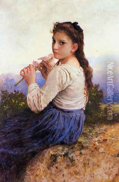 Young Girl Holding a Pink Gladiolus Oil Painting - William-Adolphe Bouguereau