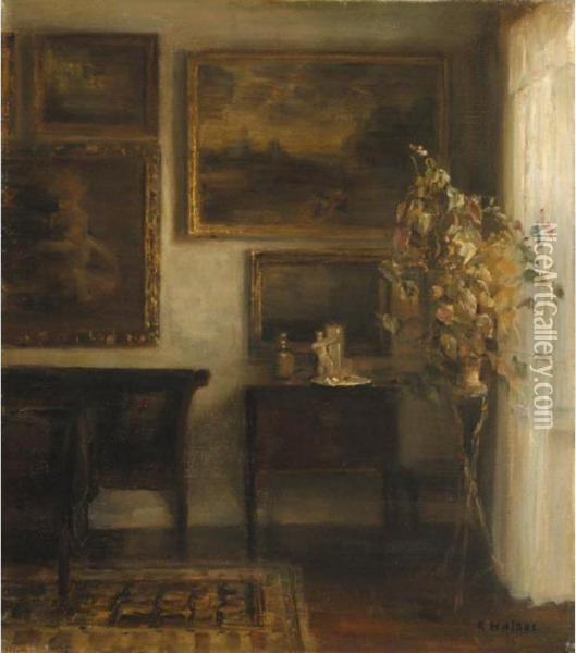 Vase Med Blomster (interior With A Vase Of Flowers) Oil Painting - Carl Vilhelm Holsoe