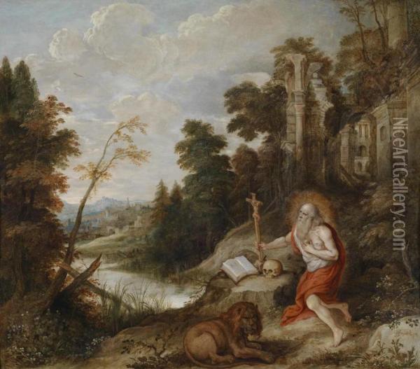 Saint Jeromewith The Lion In A Ruined Landscape Oil Painting - Frans II Francken