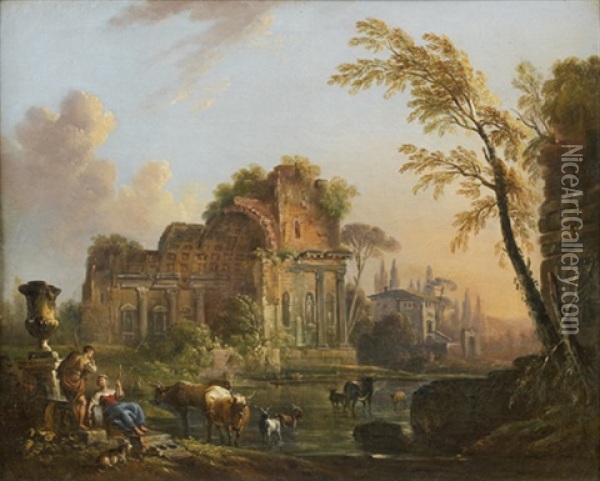 Bergers Pres De Ruines Oil Painting - Jean Baptiste Lallemand