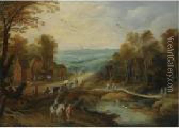 An Autumn Landscape With Travellers And Herdsmen On A Path, A Country Inn Beyond Oil Painting - Joos De Momper