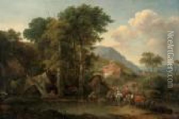 A Wooded River Landscape With 
Travellers At Rest On A Track, A Herdsman And His Cattle Watering, 
Mountains Beyond Oil Painting - Nicolaes Berchem