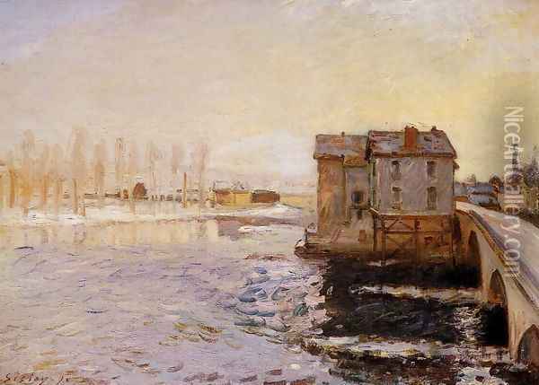 The Moret Bridge and Mills under Snow Oil Painting - Alfred Sisley