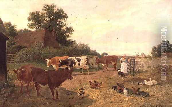A Kentish Farm Scene, Milking-Time Oil Painting - Claude Clark