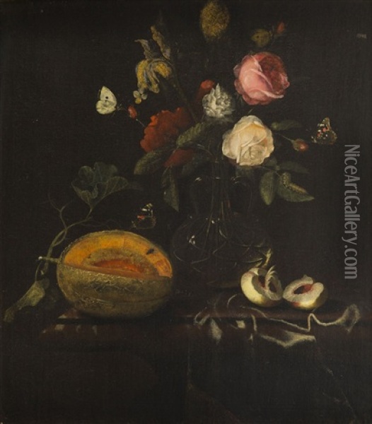 Still Life With Flowers, Melon And Butterflies Oil Painting - Martinus Nellius